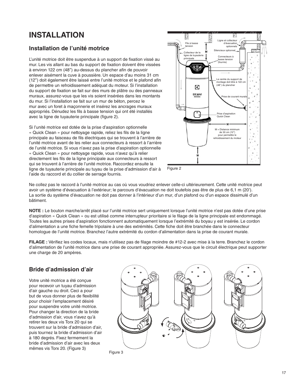 Installation, Installation de l’unité motrice, Bride d’admission d’air | Beam Electrolux Alliance V.1 User Manual | Page 17 / 36