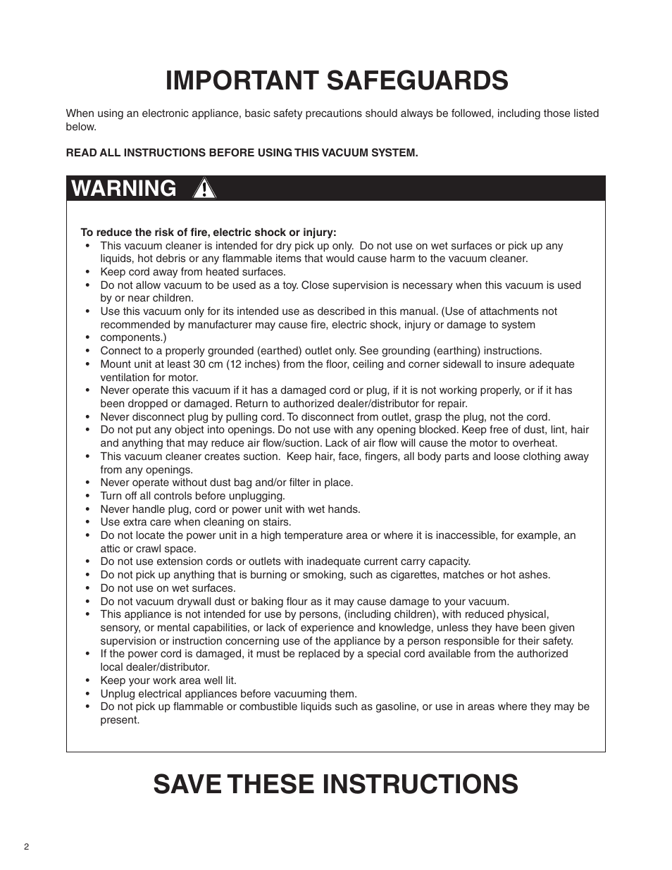 Important safeguards, Save these instructions, Warning | Beam Electrolux Alliance V.1 User Manual | Page 2 / 36