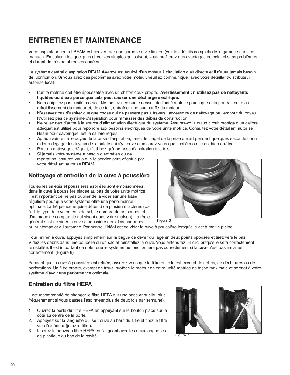 Entretien et maintenance, Nettoyage et entretien de la cuve à poussière, Entretien du filtre hepa | Beam Electrolux Alliance V.1 User Manual | Page 20 / 36