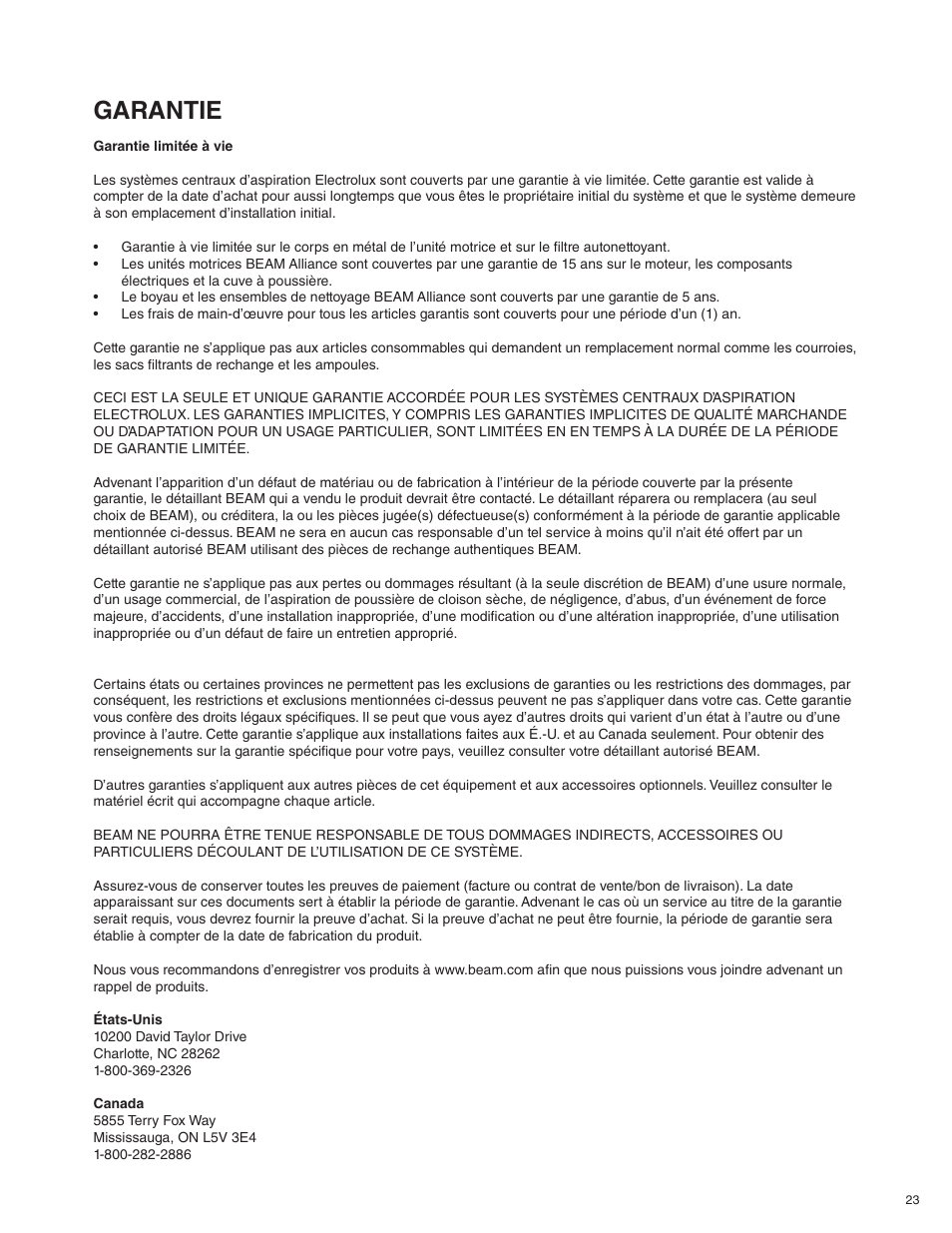 Garantie | Beam Electrolux Alliance V.1 User Manual | Page 23 / 36