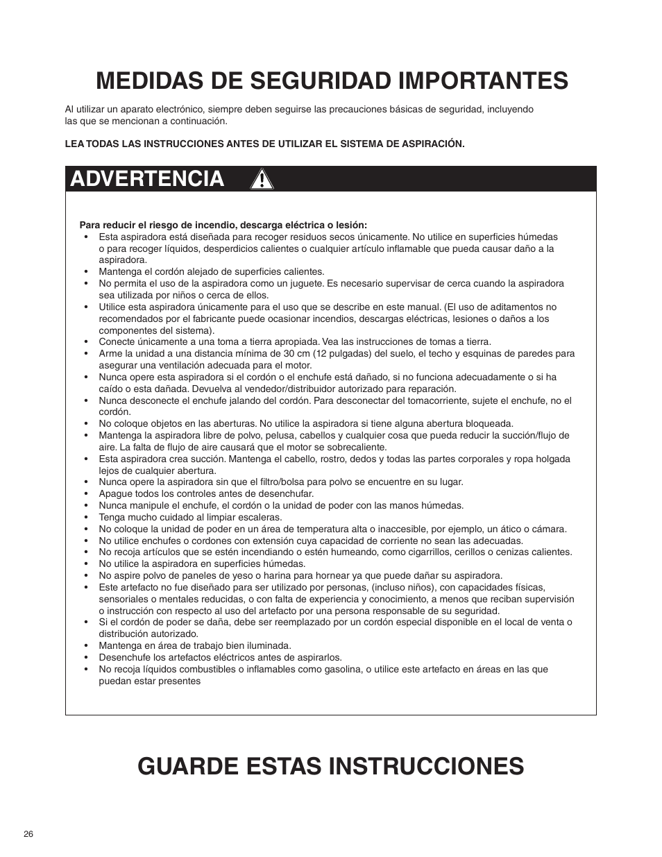 Medidas de seguridad importantes, Guarde estas instrucciones, Advertencia | Beam Electrolux Alliance V.1 User Manual | Page 26 / 36