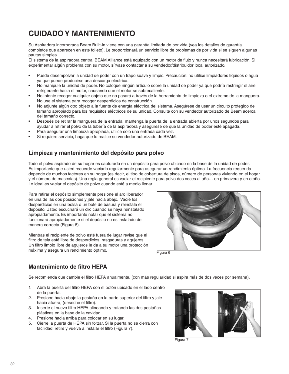 Cuidado y mantenimiento, Limpieza y mantenimiento del depósito para polvo, Mantenimiento de filtro hepa | Beam Electrolux Alliance V.1 User Manual | Page 32 / 36