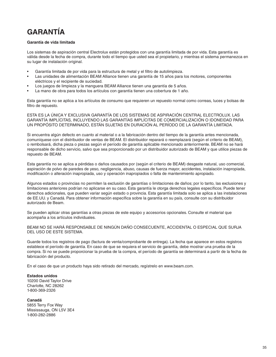 Garantía | Beam Electrolux Alliance V.1 User Manual | Page 35 / 36