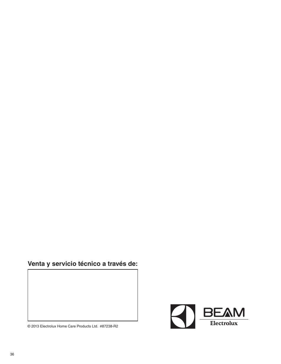 Venta y servicio técnico a través de | Beam Electrolux Alliance V.1 User Manual | Page 36 / 36