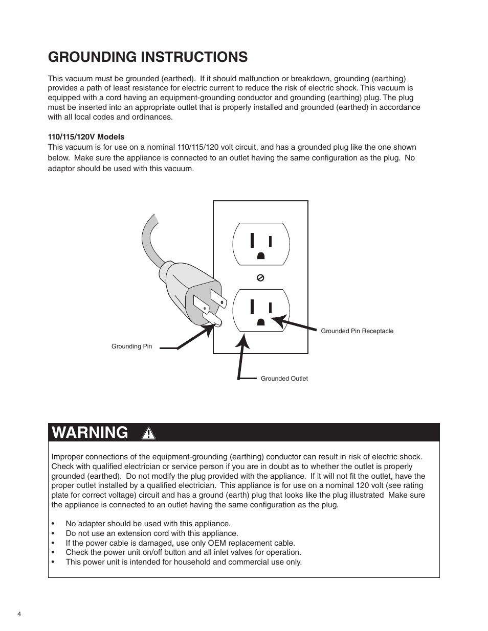 Warning, Grounding instructions | Beam Electrolux Alliance V.1 User Manual | Page 4 / 36