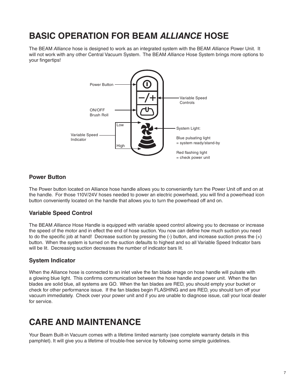 Phoenix :: cui1 & 2g, Basic operation for beam alliance hose, Care and maintenance | Power button (phoenix & 2g) | Beam Electrolux Alliance V.1 User Manual | Page 7 / 36