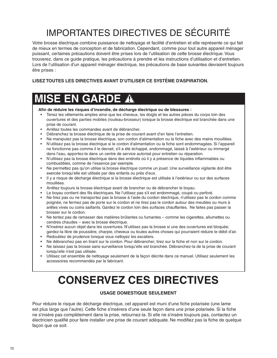 Conservez ces directives mise en garde, Importantes directives de sécurité | Beam Electrolux Alliance Q User Manual | Page 10 / 24