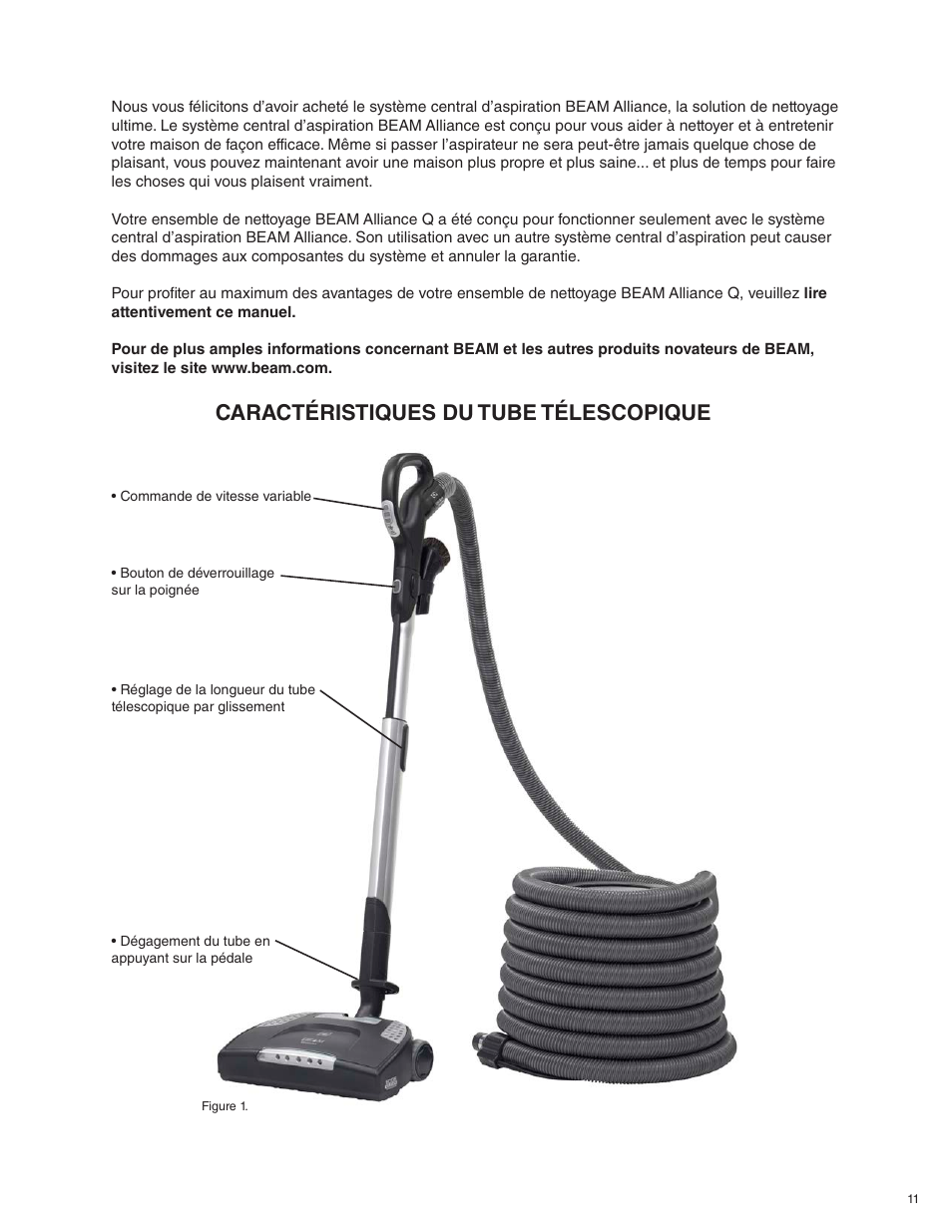 Caractéristiques du tube télescopique | Beam Electrolux Alliance Q User Manual | Page 11 / 24