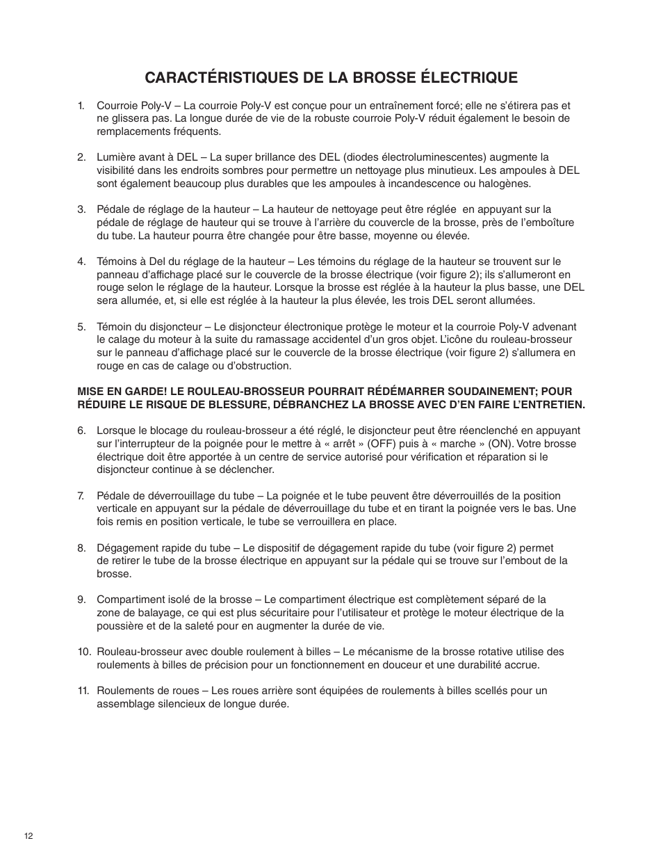 Caractéristiques de la brosse électrique | Beam Electrolux Alliance Q User Manual | Page 12 / 24