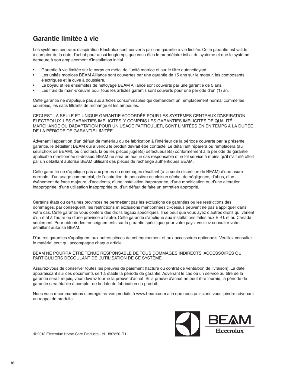 Garantie limitée à vie | Beam Electrolux Alliance Q User Manual | Page 16 / 24