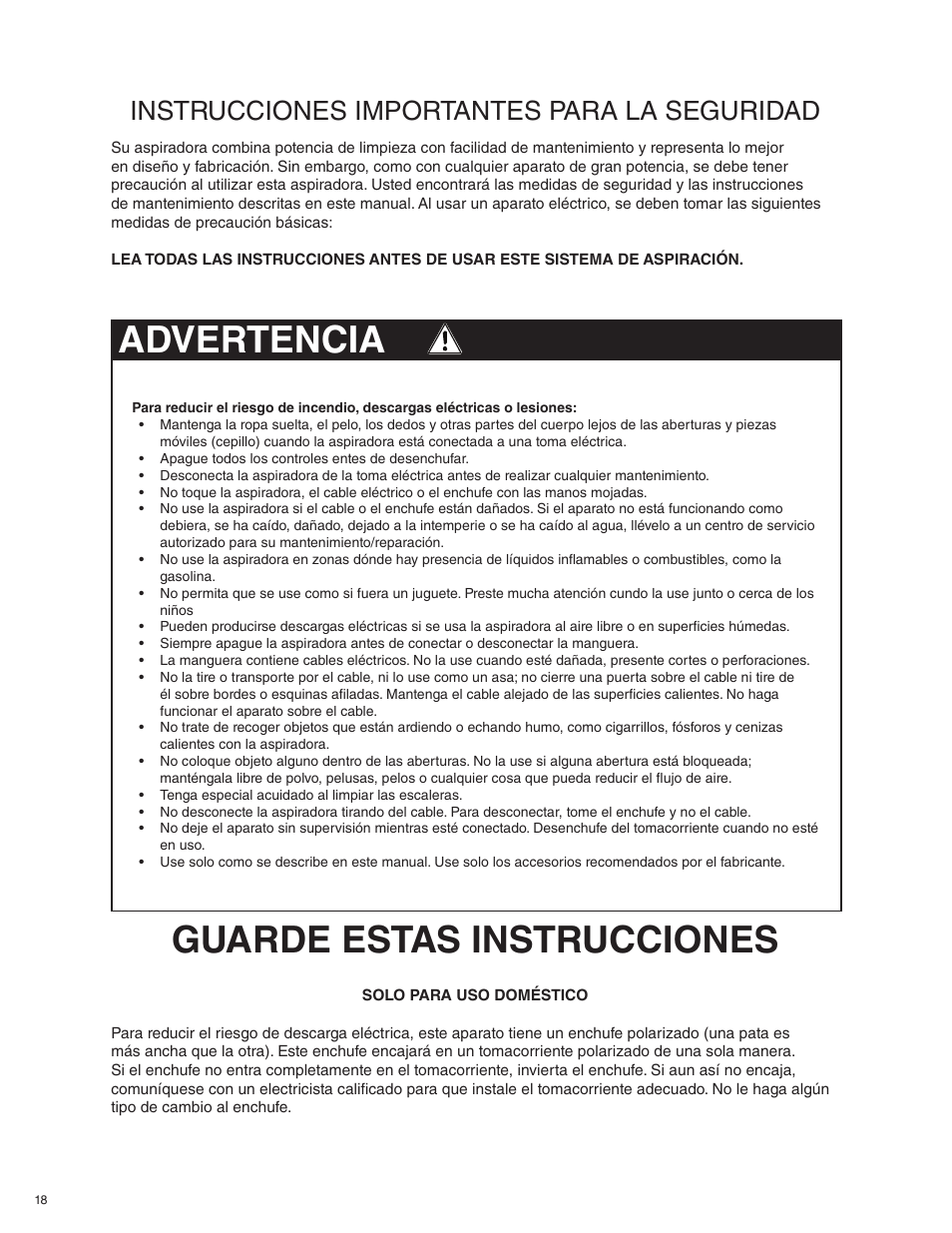 Guarde estas instrucciones advertencia, Instrucciones importantes para la seguridad | Beam Electrolux Alliance Q User Manual | Page 18 / 24
