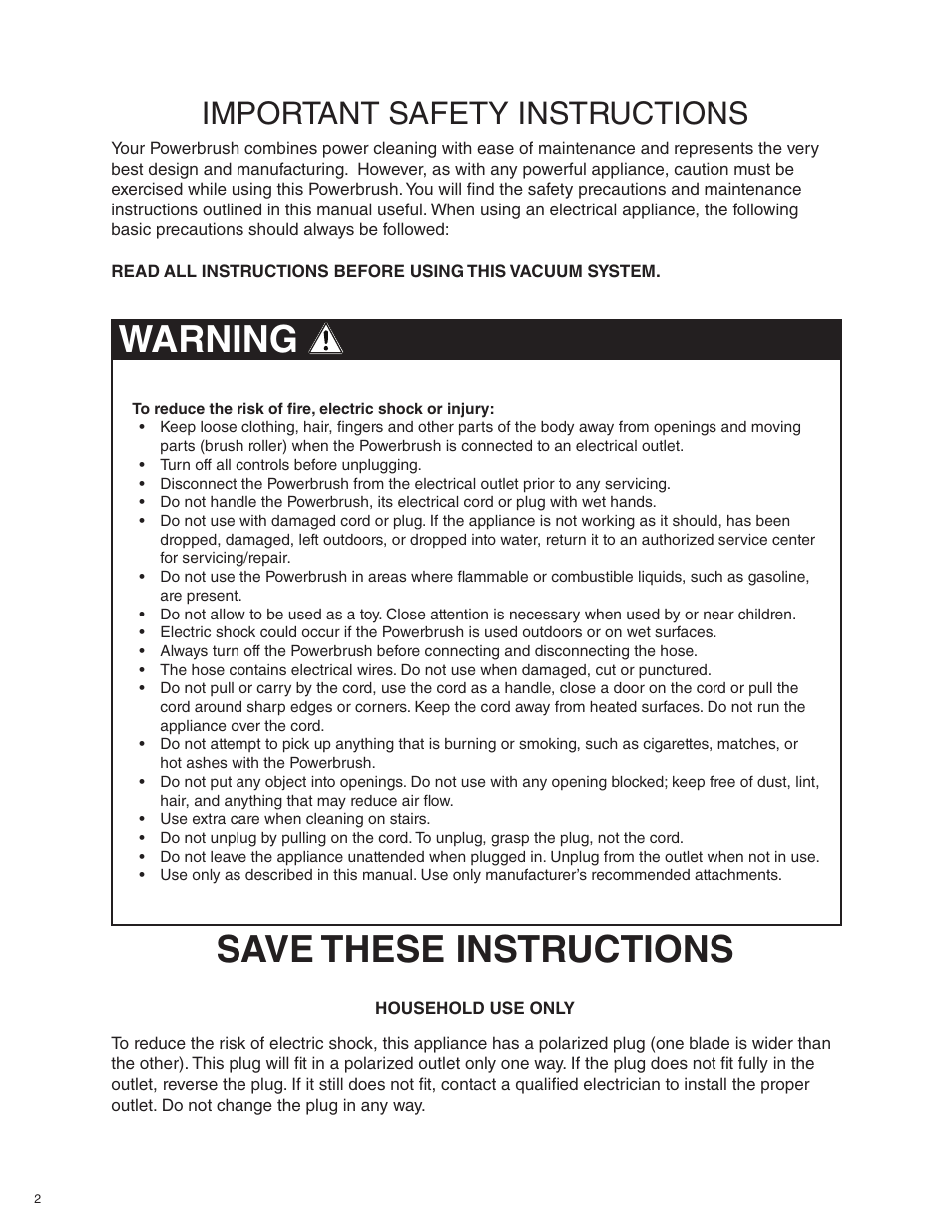 Save these instructions warning, Important safety instructions | Beam Electrolux Alliance Q User Manual | Page 2 / 24