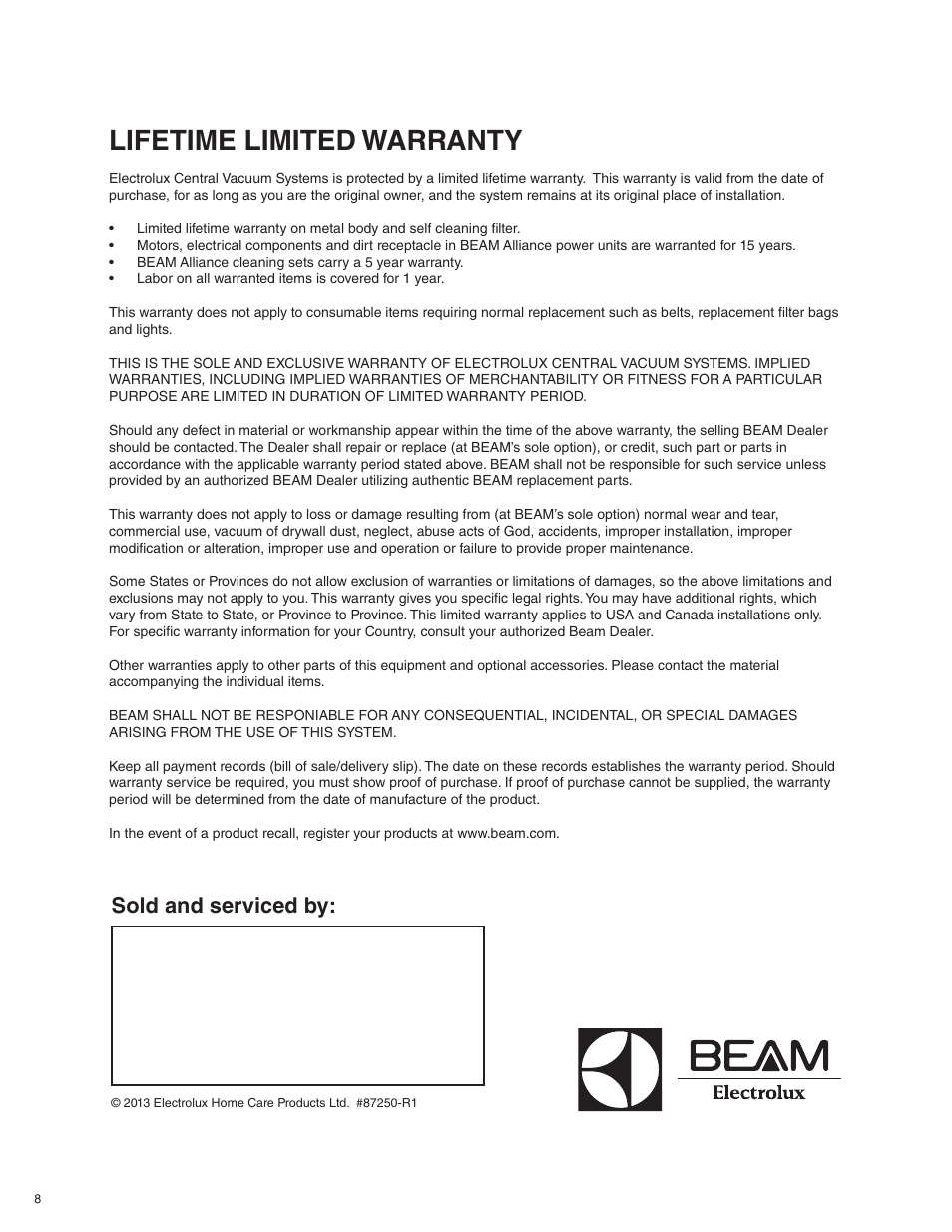 Lifetime limited warranty, Sold and serviced by | Beam Electrolux Alliance Q User Manual | Page 8 / 24