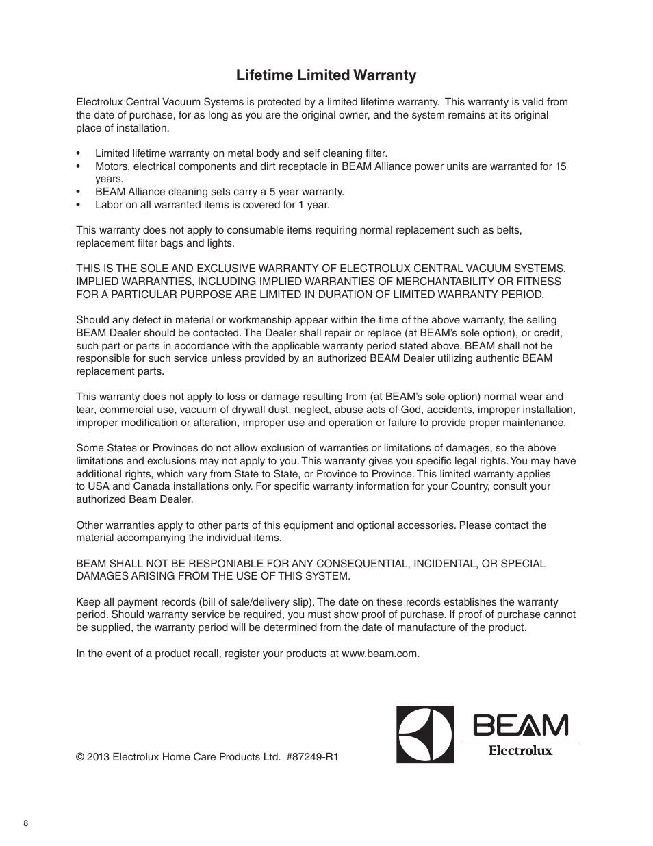 Lifetime limited warranty | Beam Electrolux Alliance Solaire User Manual | Page 8 / 24