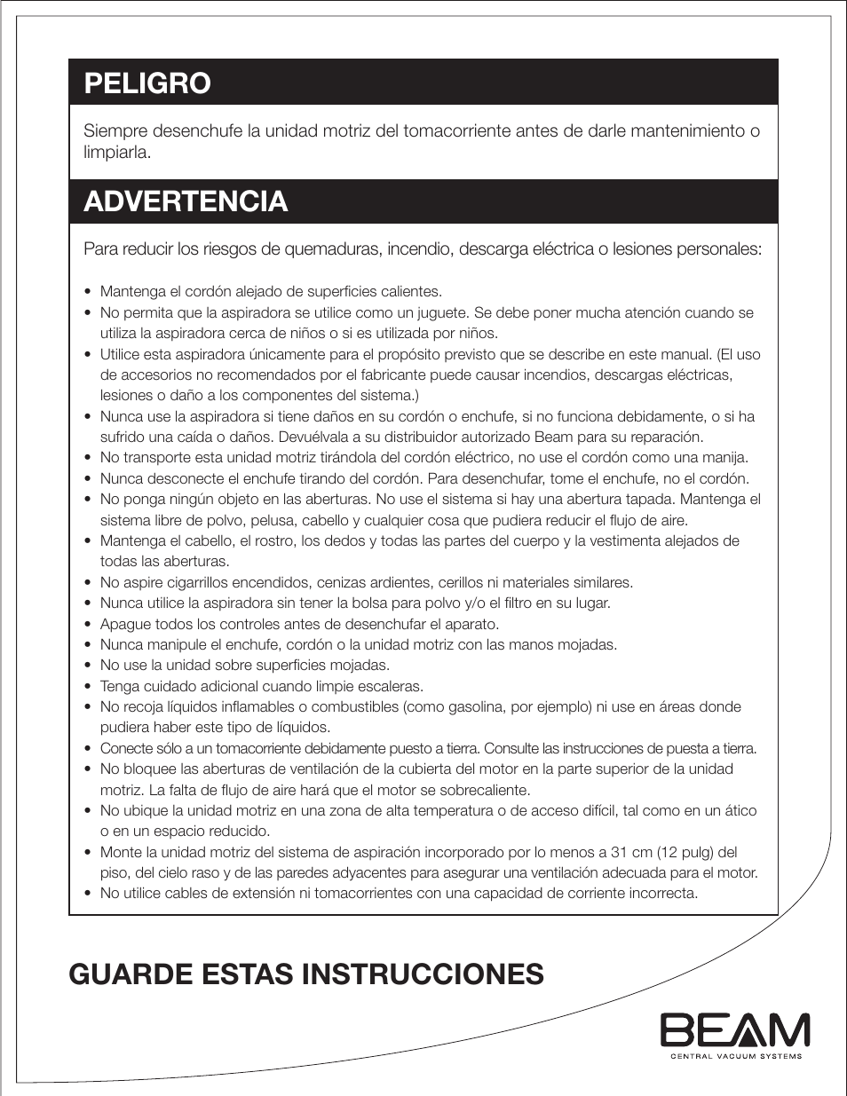 Peligro, Advertencia, Guarde estas instrucciones | Beam Electrolux Classic Power Units User Manual | Page 11 / 24
