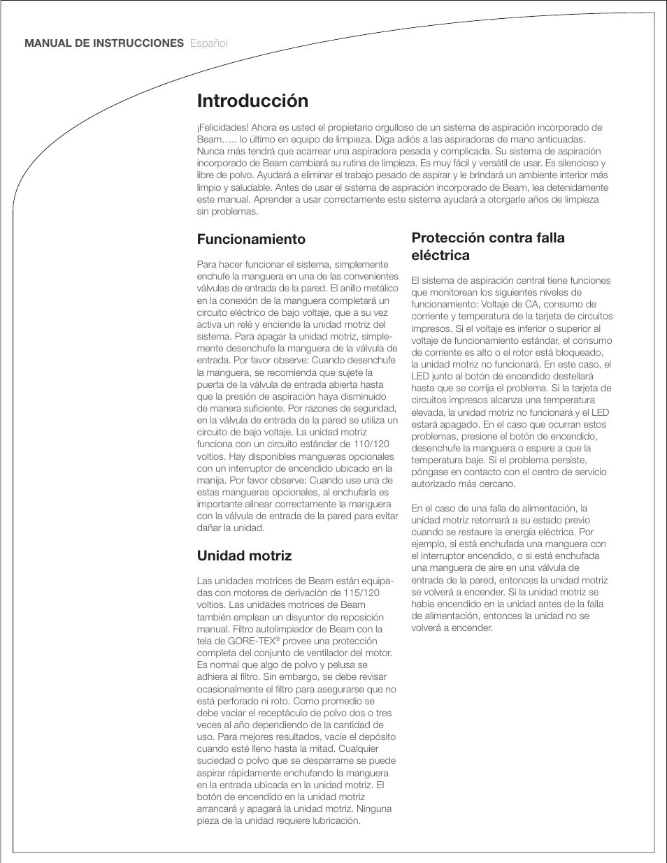 Introducción, Funcionamiento, Unidad motriz | Protección contra falla eléctrica | Beam Electrolux Classic Power Units User Manual | Page 12 / 24