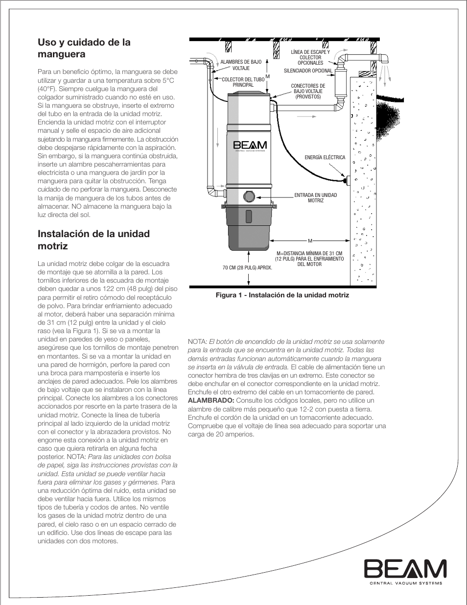 Uso y cuidado de la manguera, Instalación de la unidad motriz | Beam Electrolux Classic Power Units User Manual | Page 13 / 24