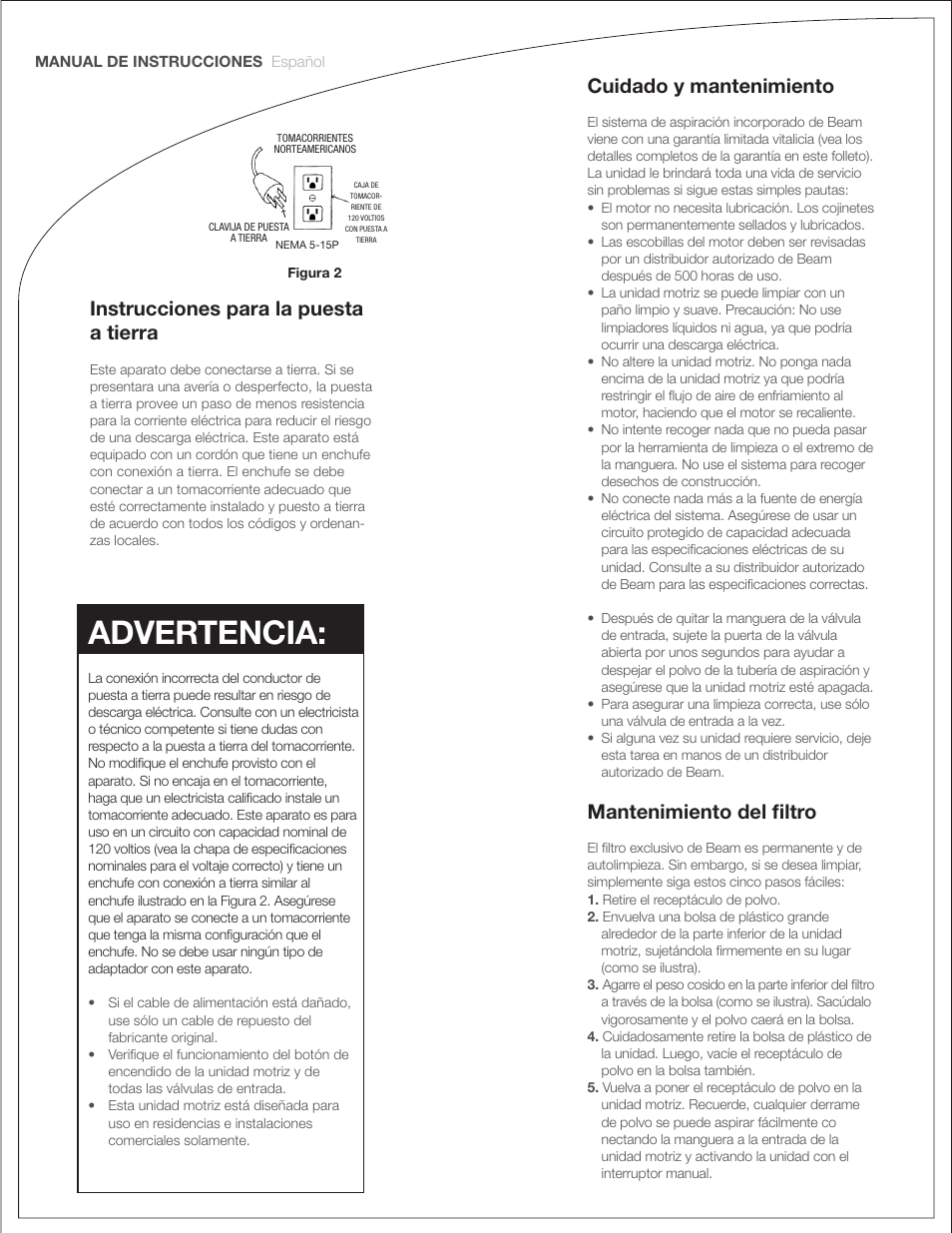 Advertencia, Instrucciones para la puesta a tierra, Cuidado y mantenimiento | Mantenimiento del filtro | Beam Electrolux Classic Power Units User Manual | Page 14 / 24