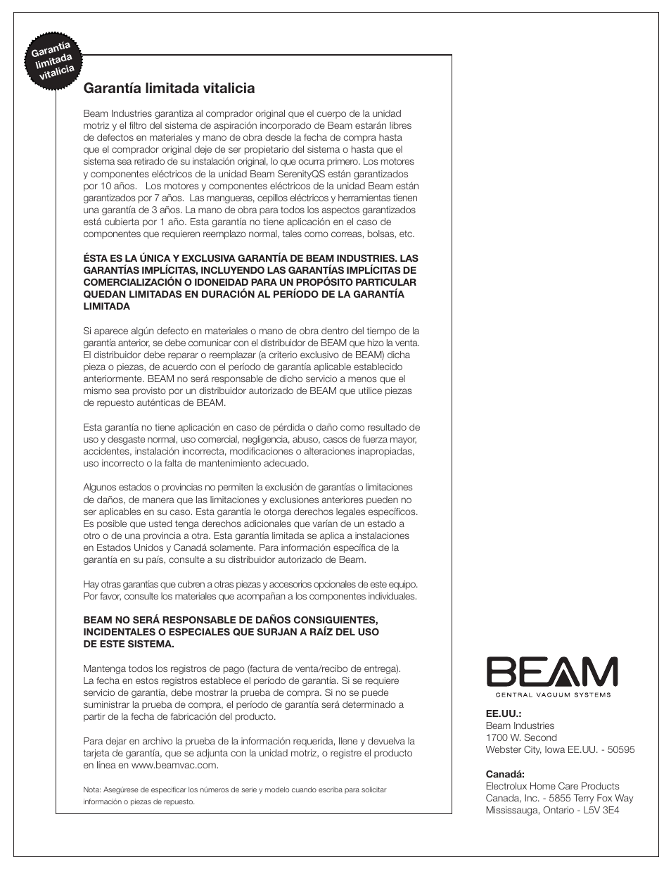Garantía limitada vitalicia | Beam Electrolux Classic Power Units User Manual | Page 16 / 24