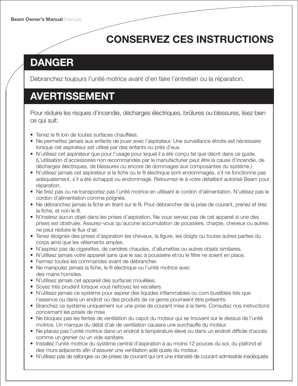 Conservez ces instructions danger, Avertissement | Beam Electrolux Classic Power Units User Manual | Page 18 / 24