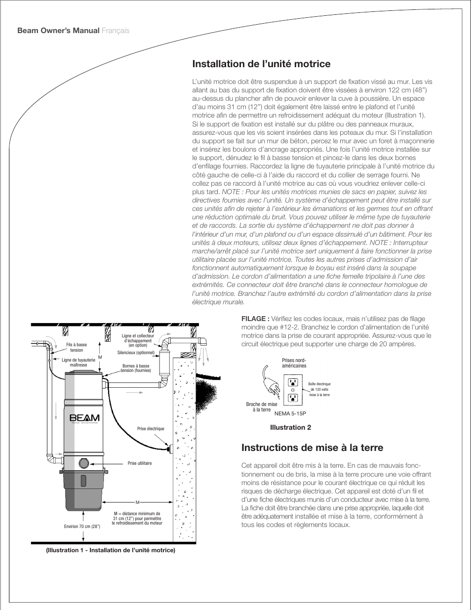 Installation de l’unité motrice, Instructions de mise à la terre, Beam owner’s manual français | Beam Electrolux Classic Power Units User Manual | Page 20 / 24