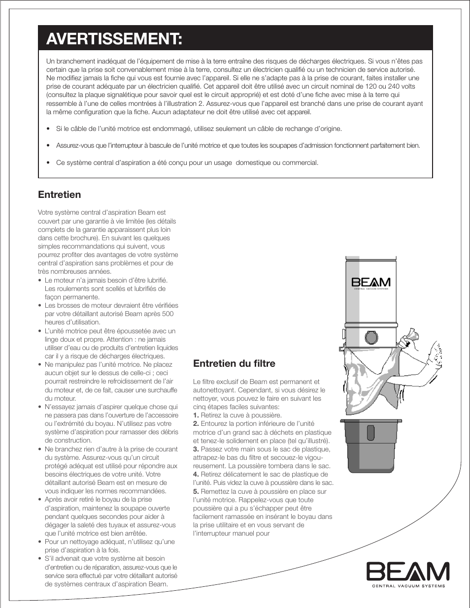 Avertissement, Entretien, Entretien du filtre | Beam Electrolux Classic Power Units User Manual | Page 21 / 24