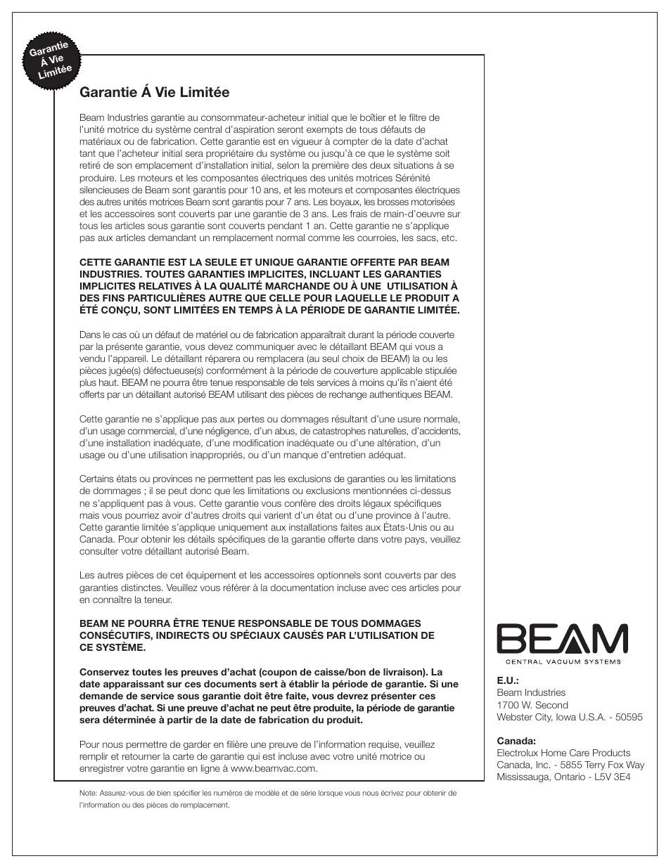 Garantie á vie limitée | Beam Electrolux Classic Power Units User Manual | Page 23 / 24