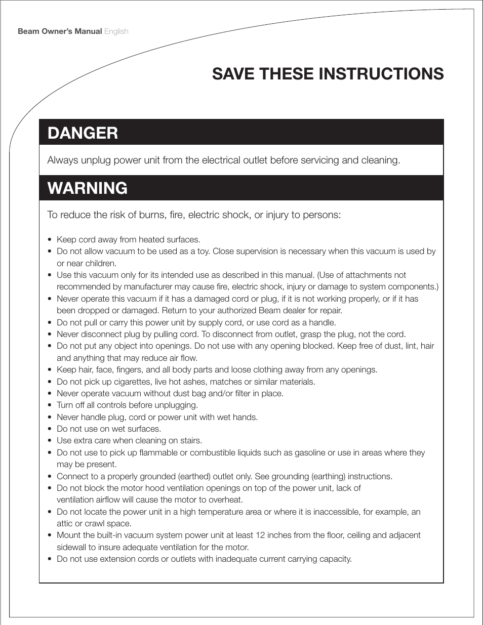 Danger, Warning, Save these instructions | Beam Electrolux Classic Power Units User Manual | Page 4 / 24