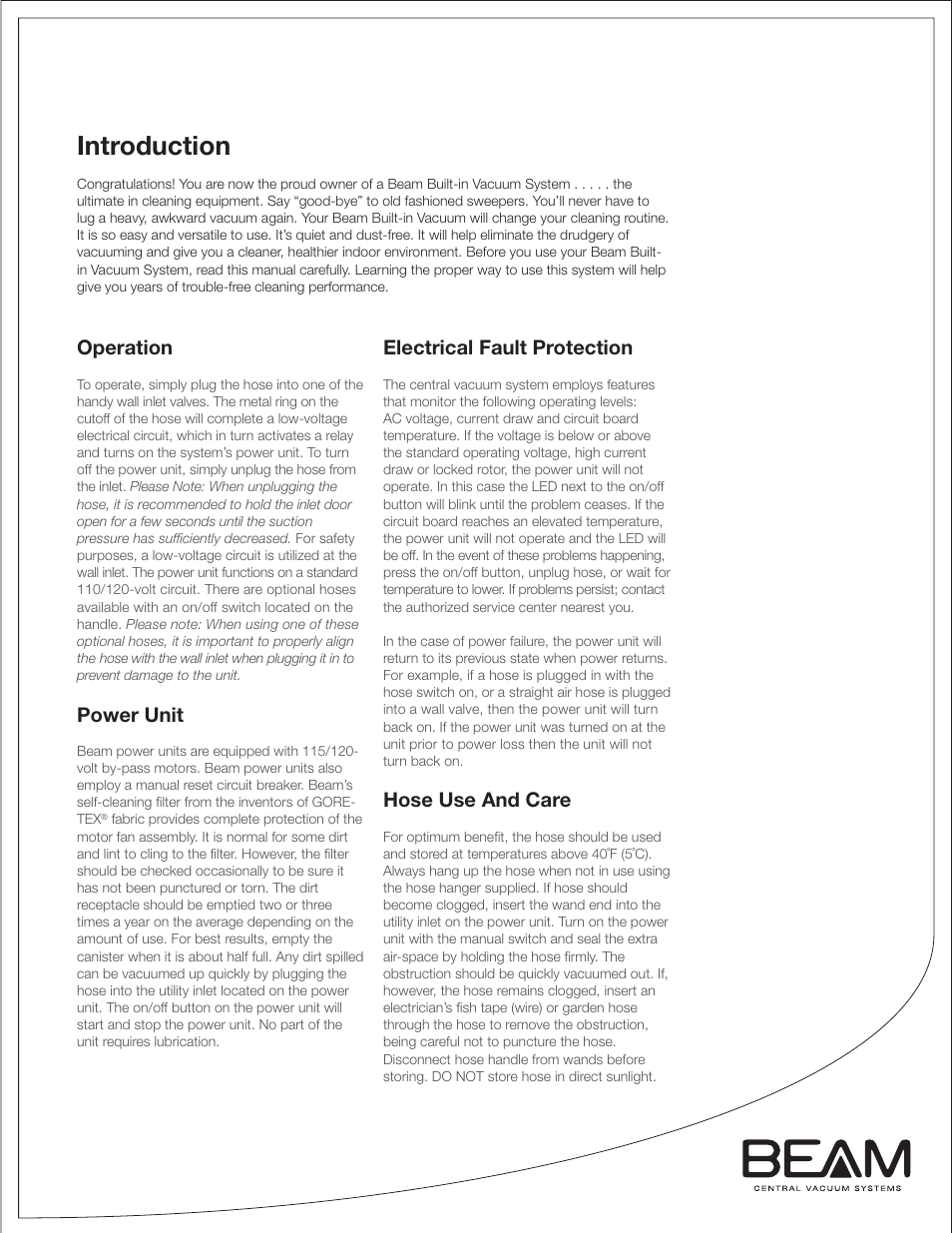 Introduction, Operation, Power unit | Electrical fault protection, Hose use and care | Beam Electrolux Classic Power Units User Manual | Page 5 / 24