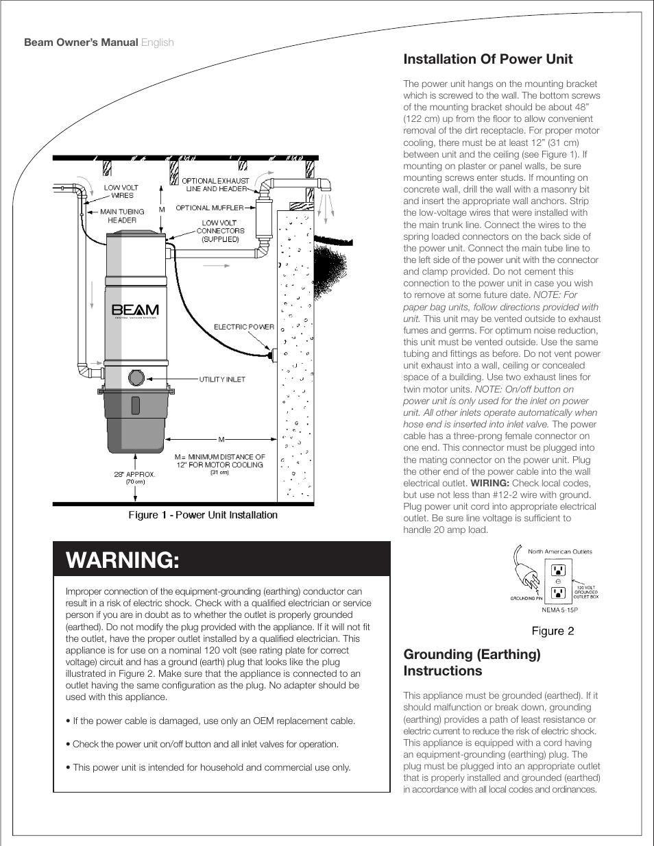 Warning, Installation of power unit, Grounding (earthing) instructions | Beam Electrolux Classic Power Units User Manual | Page 6 / 24