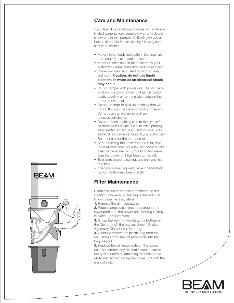 Care and maintenance, Filter maintenance | Beam Electrolux Classic Power Units User Manual | Page 7 / 24