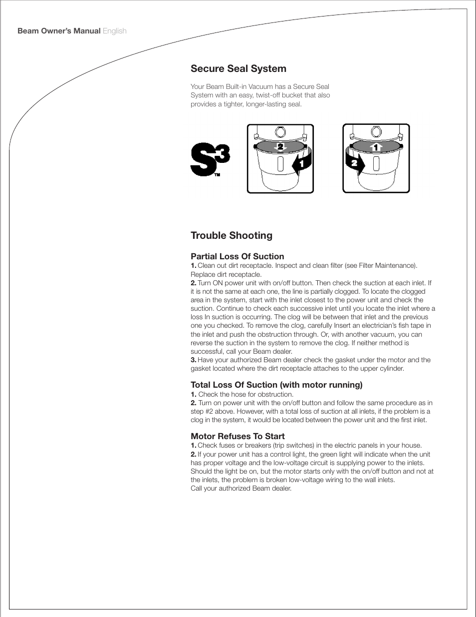 Secure seal system, Trouble shooting | Beam Electrolux Classic Power Units User Manual | Page 8 / 24