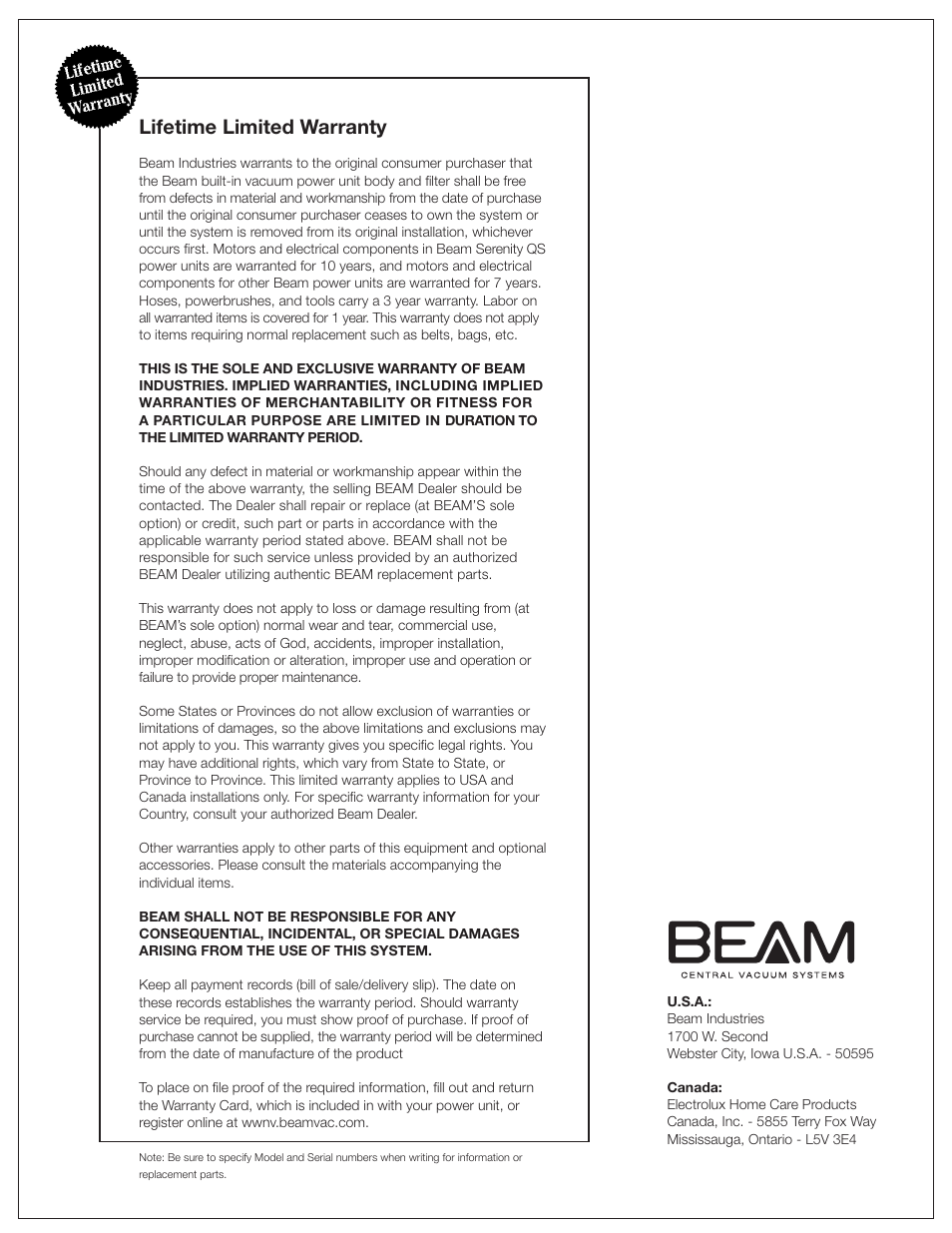 Lifetime limited warranty | Beam Electrolux Classic Power Units User Manual | Page 9 / 24