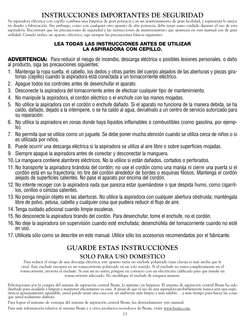 Instrucciones importantes de seguridad, Guarde estas instrucciones | Beam Electrolux Q Power Team User Manual | Page 13 / 20