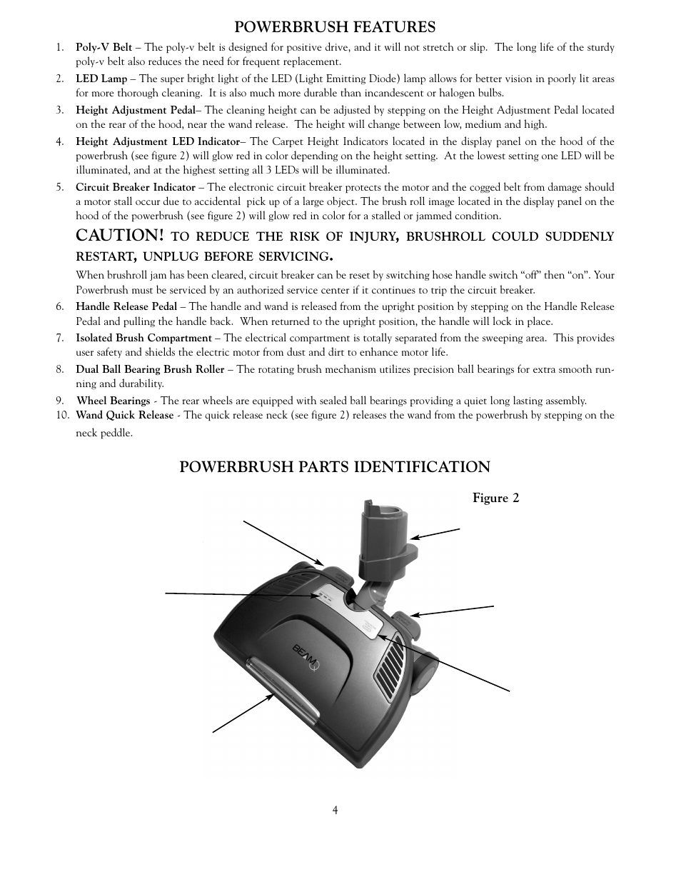 Caution, Powerbrush features, Powerbrush parts identification | Beam Electrolux Q Power Team User Manual | Page 4 / 20