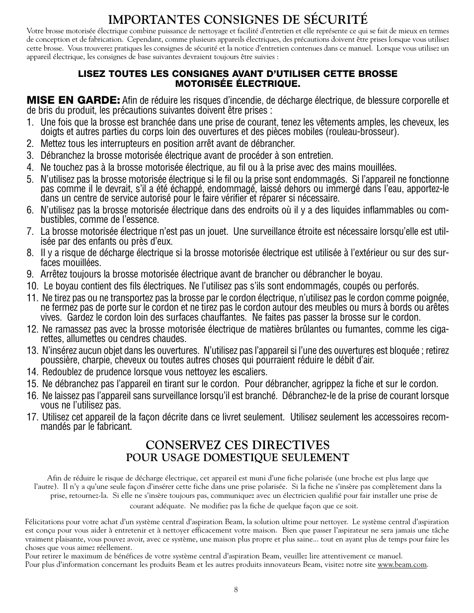 Importantes consignes de sécurité, Conservez ces directives | Beam Electrolux Q Power Team User Manual | Page 8 / 20