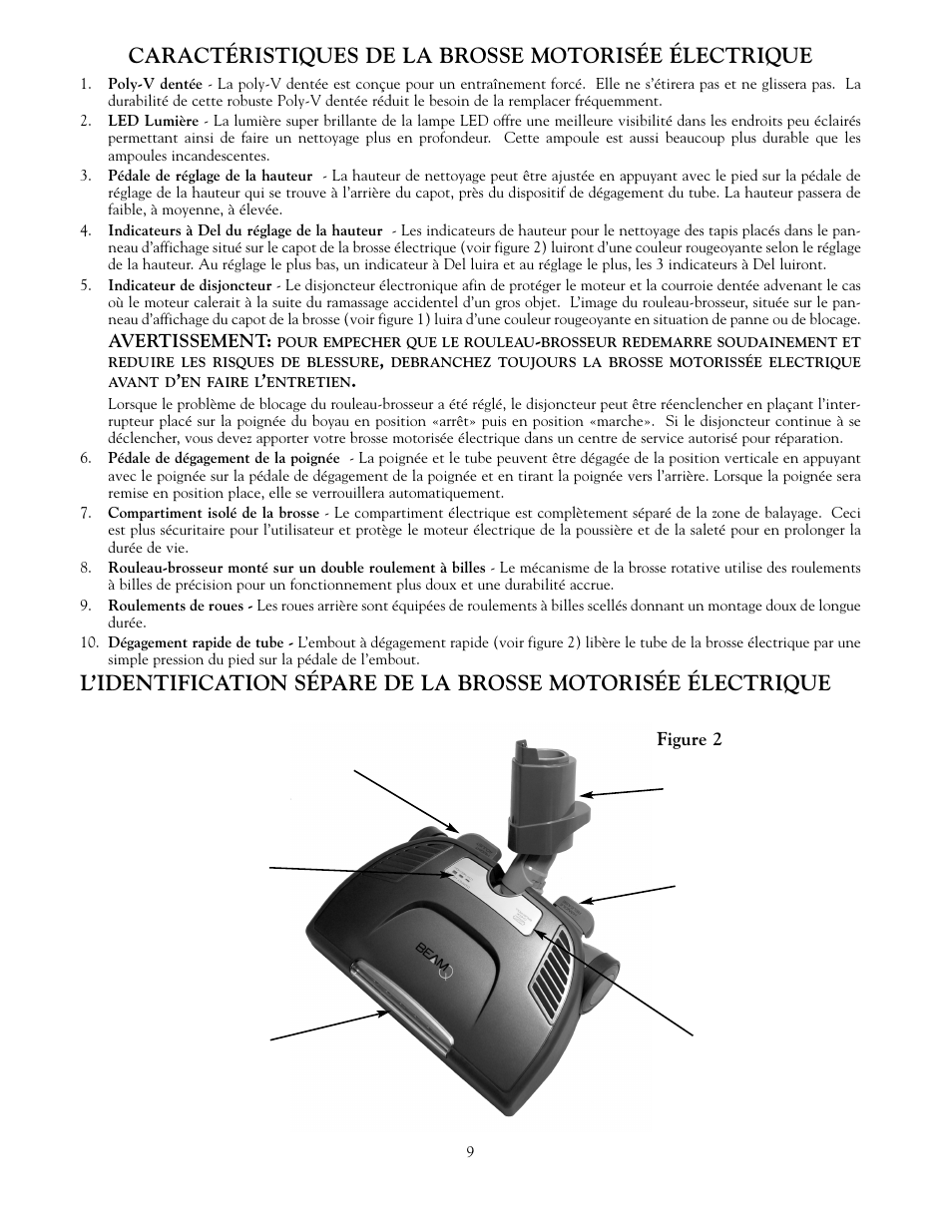 Caractéristiques de la brosse motorisée électrique | Beam Electrolux Q Power Team User Manual | Page 9 / 20