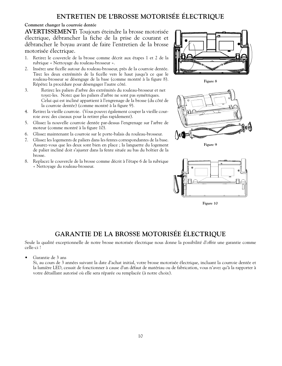 Entretien de l’brosse motorisée électrique, Garantie de la brosse motorisée électrique | Beam Electrolux Solaire Power Team User Manual | Page 10 / 16