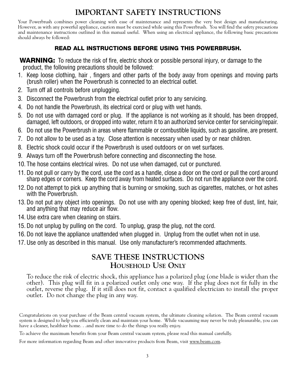 Important safety instructions, Save these instructions h | Beam Electrolux Solaire Power Team User Manual | Page 3 / 16