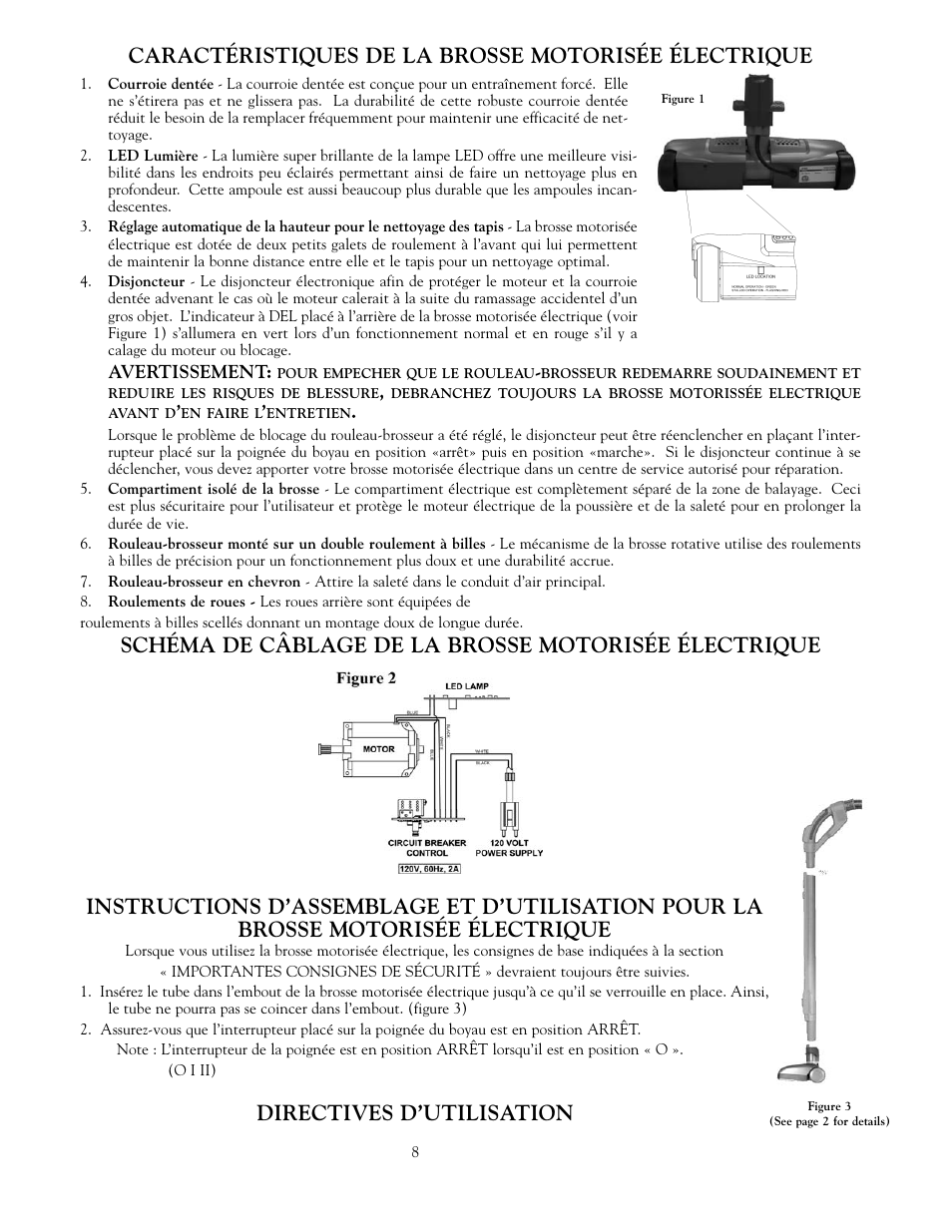 Caractéristiques de la brosse motorisée électrique, Directives d’utilisation | Beam Electrolux Solaire Power Team User Manual | Page 8 / 16