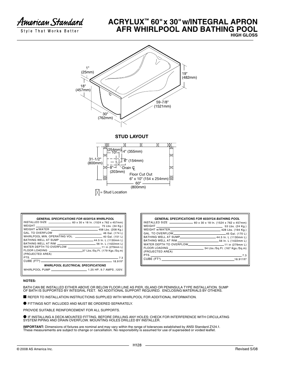 Acrylux, Stud layout | American Standard Acrylux w/ Integral Apron AFR Whirlpool and Bathing Pool 6030Y2A.102 User Manual | Page 2 / 2