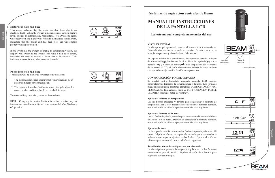 Manual de instrucciones de la pantalla lcd, Sistemas de aspiración centrales de beam, Lea este manual completamente antes del uso | Beam Electrolux Serenity LCD Screen User Manual | Page 4 / 6