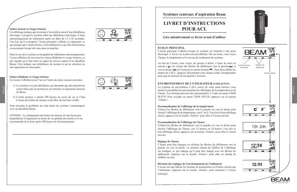 Livret d’instructions pour acl, Systèmes centraux d’aspiration beam, Lire attentivement ce livret avant d’utiliser | Beam Electrolux Serenity LCD Screen User Manual | Page 5 / 6