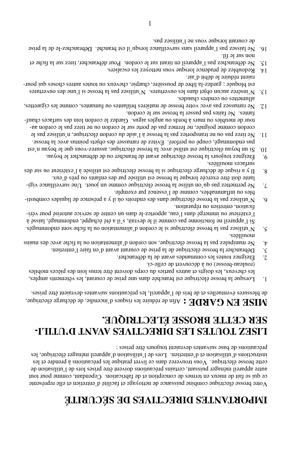 Im port antes directi ves de sécurité, Mise en garde | Beam Electrolux Serenity Plus Power Brush User Manual | Page 15 / 16