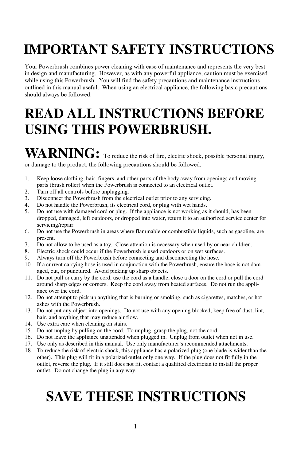 Warning, Save these instructions, Read all instructions before using this powerbrush | Important safety instructions | Beam Electrolux Serenity Plus Power Brush User Manual | Page 2 / 16