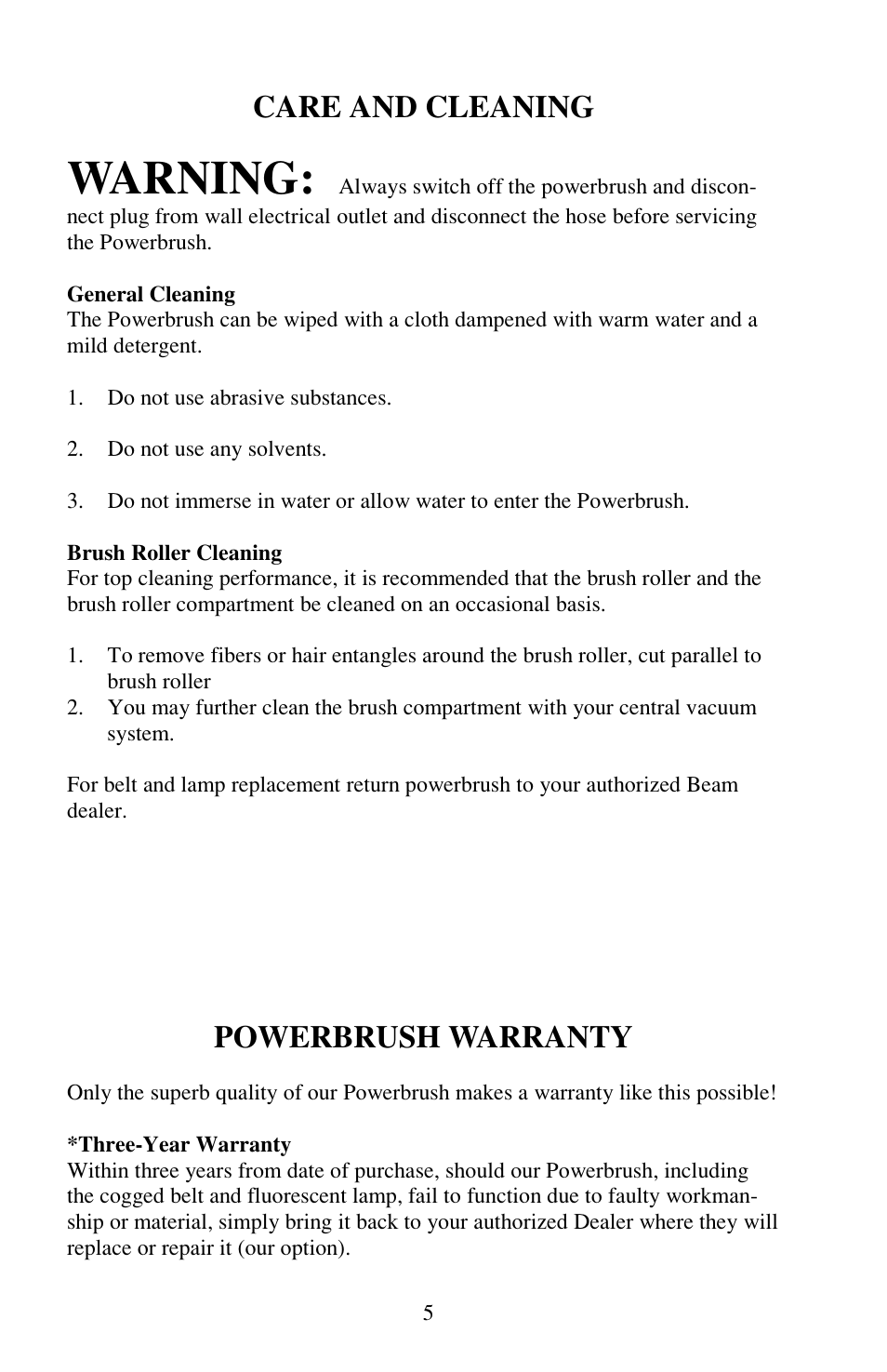 Warning, Care and cleaning, Powerbrush warranty | Beam Electrolux Serenity Plus Power Brush User Manual | Page 6 / 16