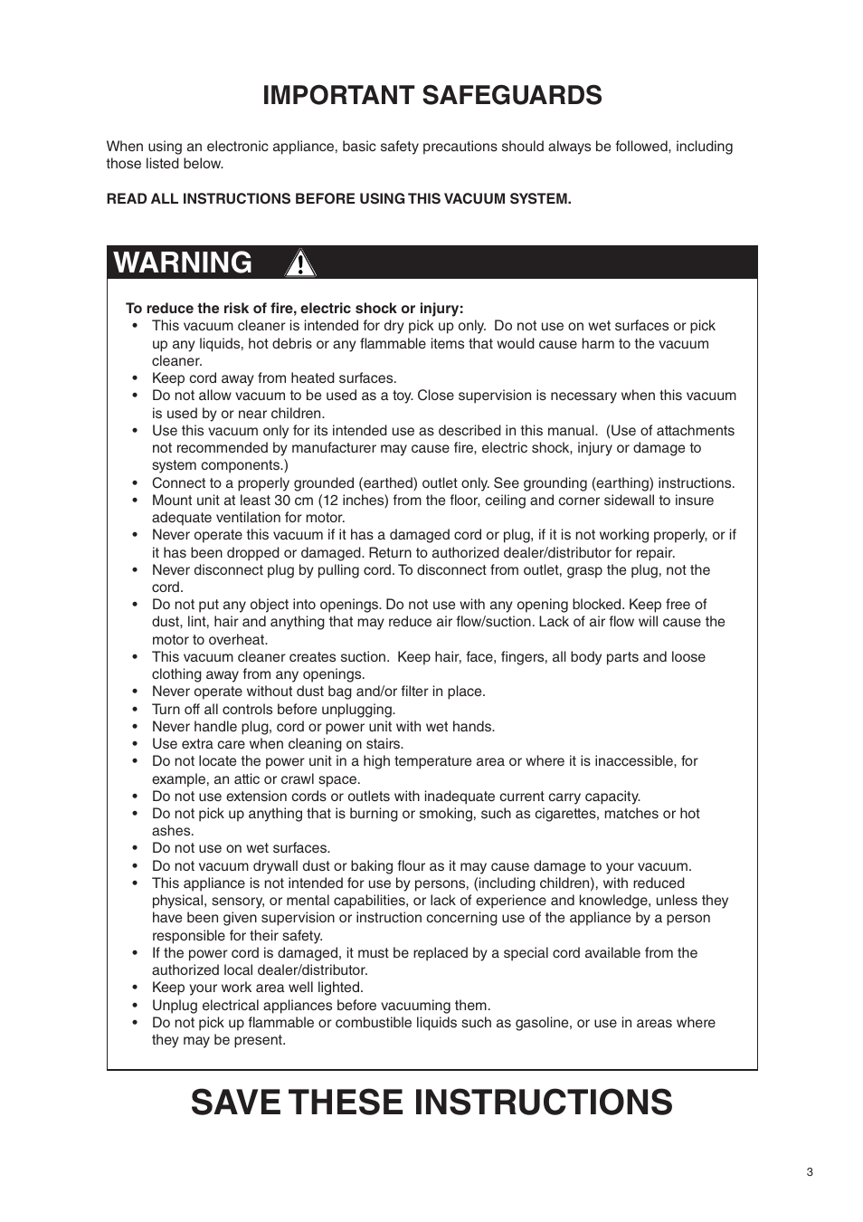 Save these instructions, Warning, Important safeguards | Beam Electrolux Alliance V.2 User Manual | Page 3 / 16