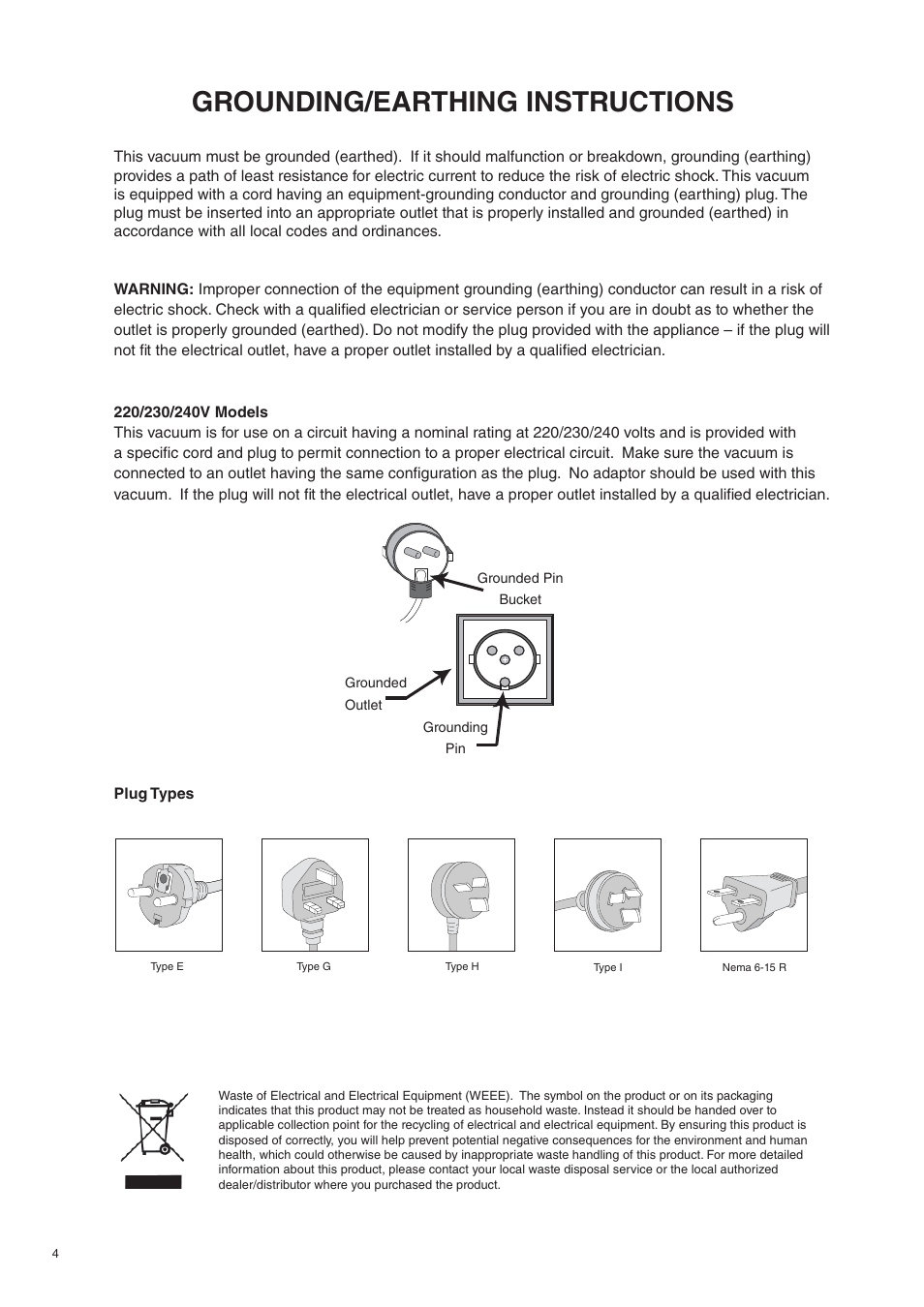 Grounding/earthing instructions | Beam Electrolux Alliance V.2 User Manual | Page 4 / 16