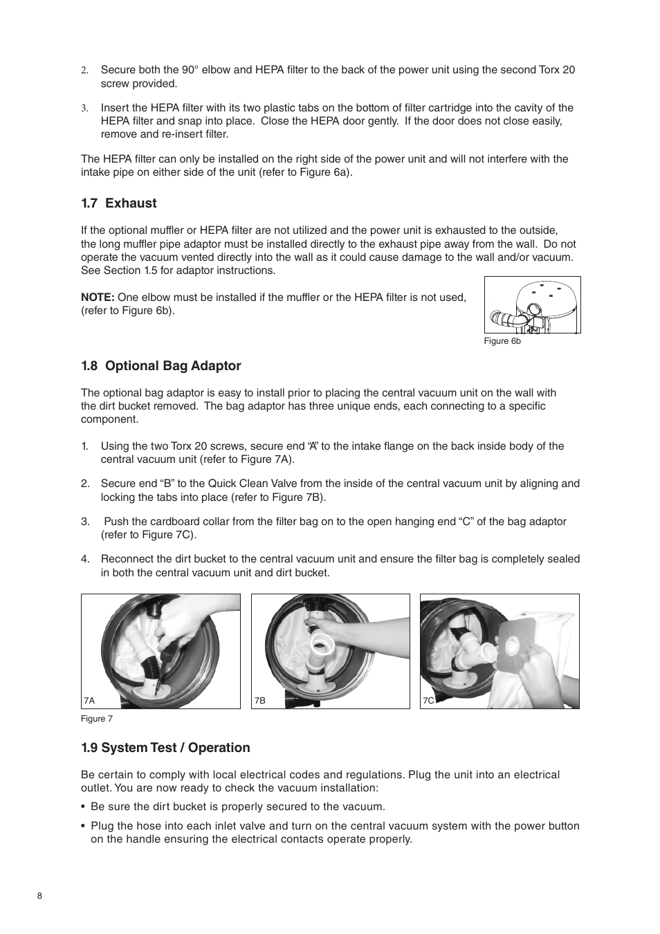 7 exhaust, 8 optional bag adaptor, 9 system test / operation | Beam Electrolux Alliance V.2 User Manual | Page 8 / 16