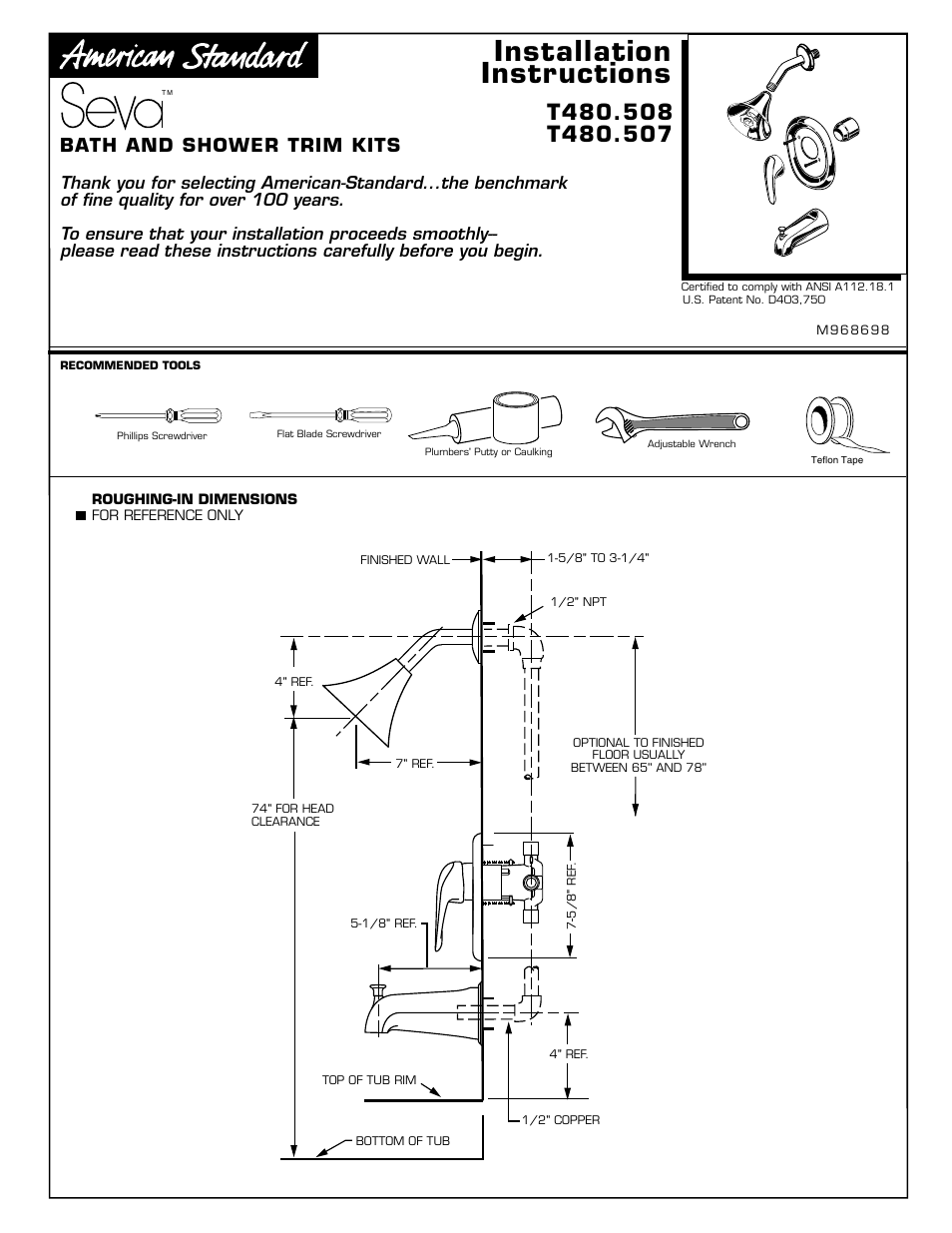 American Standard Seva T480.507 User Manual | 3 pages